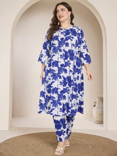 Graceveil Floral Print Casual Loose Long Sleeve Shirt And Elastic Waist Wide Leg Pants Set, Women Plus Size, Spring/Summer,Modest