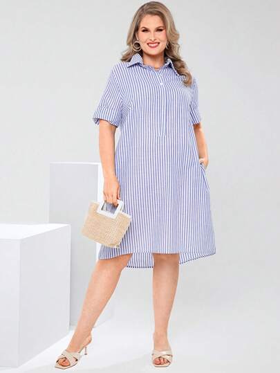 EMERY ROSE Plus Size Women Striped Short Sleeve Button-Up Half Placket  Elegant  Casual Pockets Shirt Dress Summer Clothes Spring Outfits For Women Mature Elegant Woman