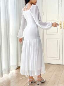 Modelyn Women's Ruched Neck Flare Hem Chiffon Dress - White - View 2