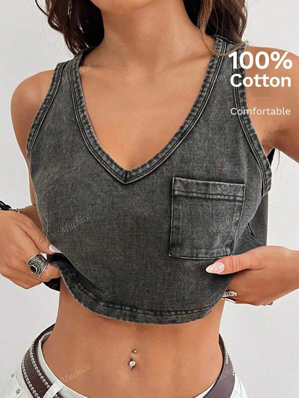 Muchica Ladies' Short Knit Sweater Tank Top With Pocket