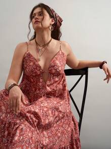 SHEIN VCAY Vestido informal de tirantes con estampado floral para tallas grandes, ropa de mujer estilo bohemio, vestidos de verano, vestido floral para mujer