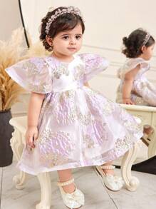 SHEIN Leap Crew Baby Girl Elegant & Floral Print Short Sleeve Summer Dress - Pink - View 5