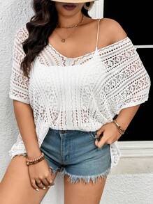 SHEIN Frenchy 大码女式休闲简约度假百搭针织套头衫，白色，适合休闲度假 - 白色 - 查看 3