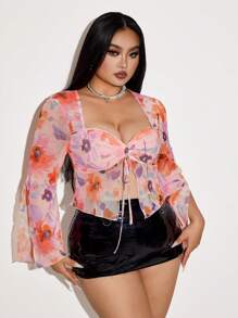 SHEIN ICON Plus Size Square Neck Floral Print Mesh Flared Sleeve Knit Sweater - Multicolor - View 5