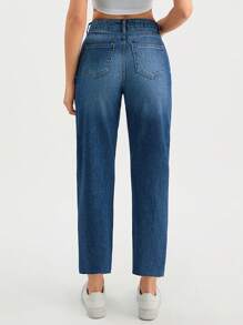 EURMUSE 高腰斜口袋休闲基本款洗水妈妈牛仔裤 - 中等水洗藍 - 查看 2