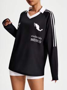 Easithlete Casual Loose Turndown Collar Long Sleeve Sports Polo Shirt - Black - View 4