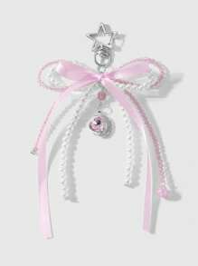 ROMWE Kawaii 1 件甜美优雅时尚手工串珠白色仿珍珠水晶水钻蝴蝶结星月心形吊坠钥匙扣，适合女孩/女士日常佩戴、节日礼物 - 粉色 - 查看 5