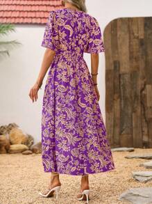 Breezaya Váy Maxi hở lưng họa tiết hoa phía trước thắt nút xoắn xẻ tà cho nữ - Màu tím - Xem 2