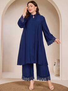 Graceveil Conjunto de blusa de encaje y cuello alto de manga larga talla grande pantalones anchos sueltos y cómodos de moda para mujer de talla grande - Azul Marino - Ver 6