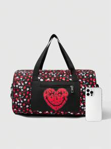 SmileyWorld® | SHEIN 女士时尚心形印花大容量手提包 - 黑色 - 查看 5