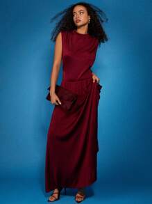 COSMINA Women's Sleeveless Pleated Dress, Elegant Stand Collar Fashion - Burgundy - View 4