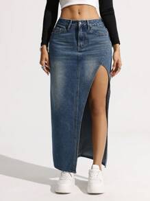 SHEIN EZwear Jupe en jean décontractée pour femmes, minimaliste et pour une utilisation quotidienne - Bleu azur - Voir 4