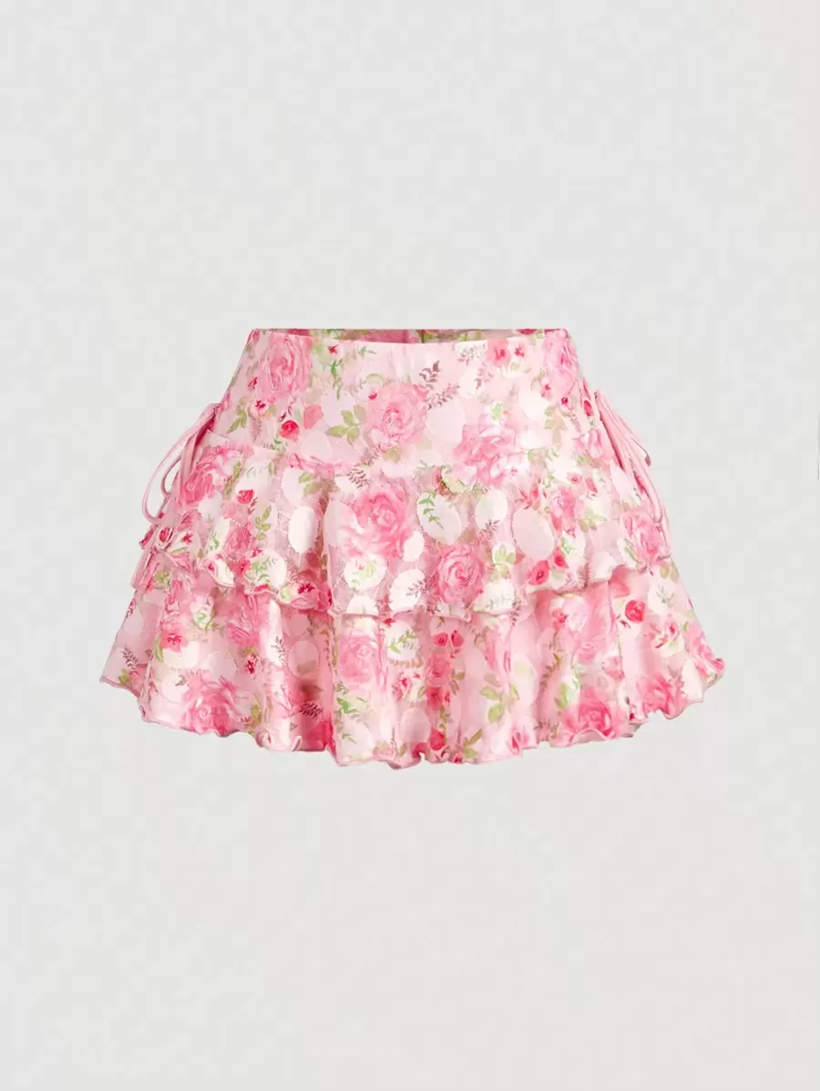 SHEIN MOD 低腰侧抽绳花卉印花双荷叶边下摆半身裙 - 粉色 - 查看 1