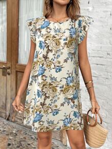 SHEIN LUNE 女士度假休闲花卉印花迷你盖袖连衣裙 - 彩色 - 查看 3