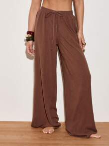 AiiRZ Wide Leg Linen Palazzo Pants Resort Wear Vacation Beach Loose Flowing Summer Trousers With Drawstring Waist Loungewear