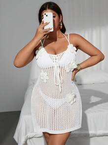 SHEIN Swim Curve Abito copri-bikini da donna taglie forti, con scollo a V, laccetti, decorazione a farfalla e fiore di perle, bianco, per la spiaggia
