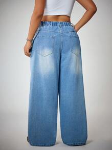 SHEIN ICON 大码女式时尚蓝色拼接宽腿二合一牛仔半身裙 - 中等水洗藍 - 查看 3