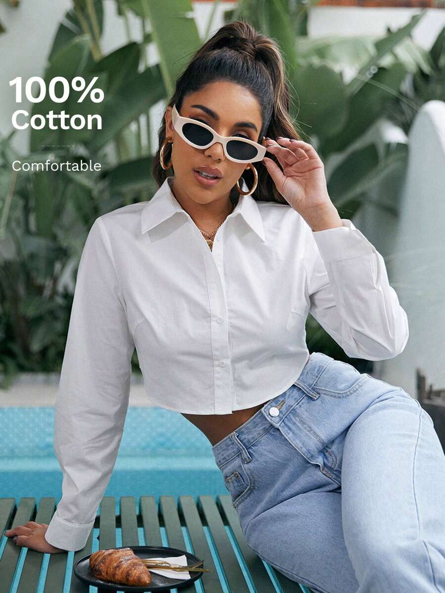 SHEIN EZwear Casual All-Match Solid Curved Hem Crop Shirt,Long Sleeve Tops