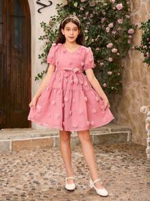Rochie mini, la modă, jacquard, cu mâneci scurte, cu decolteu în V, pentru fete