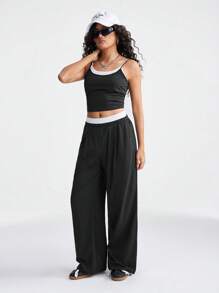 SHEIN 2pcs/Set Teen Girls Summer Casual Sporty Contrast Color Cropped Camisole And Wide Leg Pants - Black and White - View 3