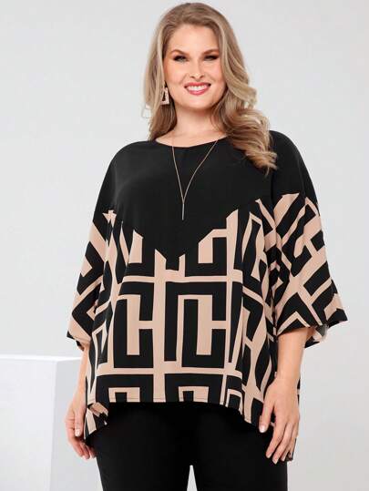 EMERY ROSE 大码拼色几何印花蝙蝠袖衬衫，优雅女装，女士夏季服装/夏季，夏装，朴素服装