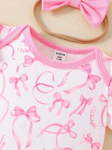 SHEIN Newborn Baby Floral Print Romper With Flutter Sleeves - Red and White - View 4