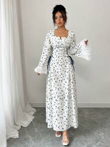 Yasmyna Váy chữ A dài tay thắt eo in họa tiết dệt cho nữ theo phong cách Ả Rập - Màu xanh lam - Xem 4