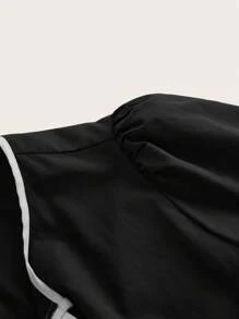 SHEIN EZwear Plus Size Women's Contrast Color Bow Decor Short Puff Sleeve Blouse - Black and White - View 4