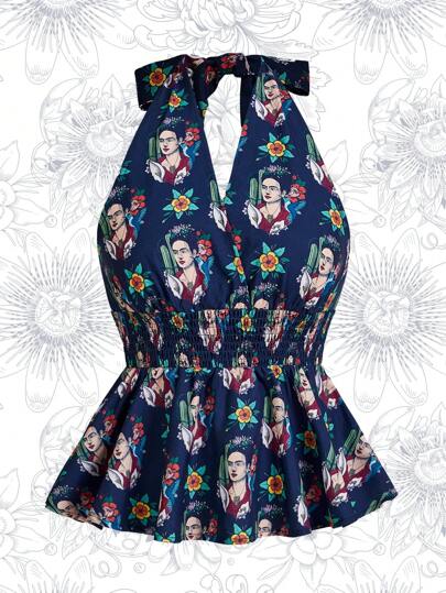 Frida Kahlo X SHEIN Kvinnor Porträtt Print Halter Neck Linne