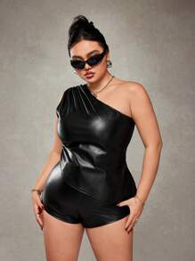 SHEIN ICON 加大码不对称领口紧身性感 PU 皮革衬衫