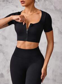 SHEIN Sport Studio Women's Solid Color Cropped Top And Leggings Seamless Activewear Set