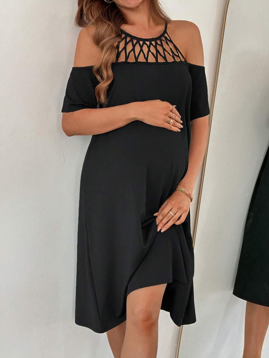 SHEIN 孕妇时尚针织领露肩短袖连衣裙