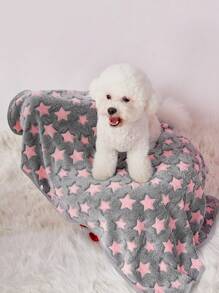 PETSIN 1pc Gray Base Pink Star Print Cute Pattern Pet Blanket, Warm For Dogs And Cats
