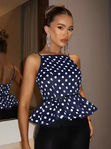 Glamine Elegant & Luxurious Satin Retro Hepburn Style Polka Dot Small Square Collar Suspender Flower Bud Hem Zipper Waist Vintage Women's Tank Tops & Camis