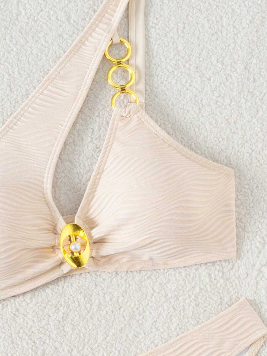 SHEIN Swim Women Beach Summer Outfits New Arrival Textured Material Metal Ring Decor Asymmetric Neck Design Bikini Set - Beige - View 1