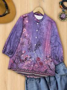 花卉印花七分袖女士宽松纽扣衬衫，休闲度假风 - 彩色 - 查看 3