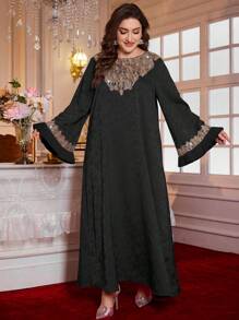 Al Najma Plus Size New Elegant Long Sleeve Jacquard Fabric Luxury Ladies Robe, Modest Kaftan - Black - View 4