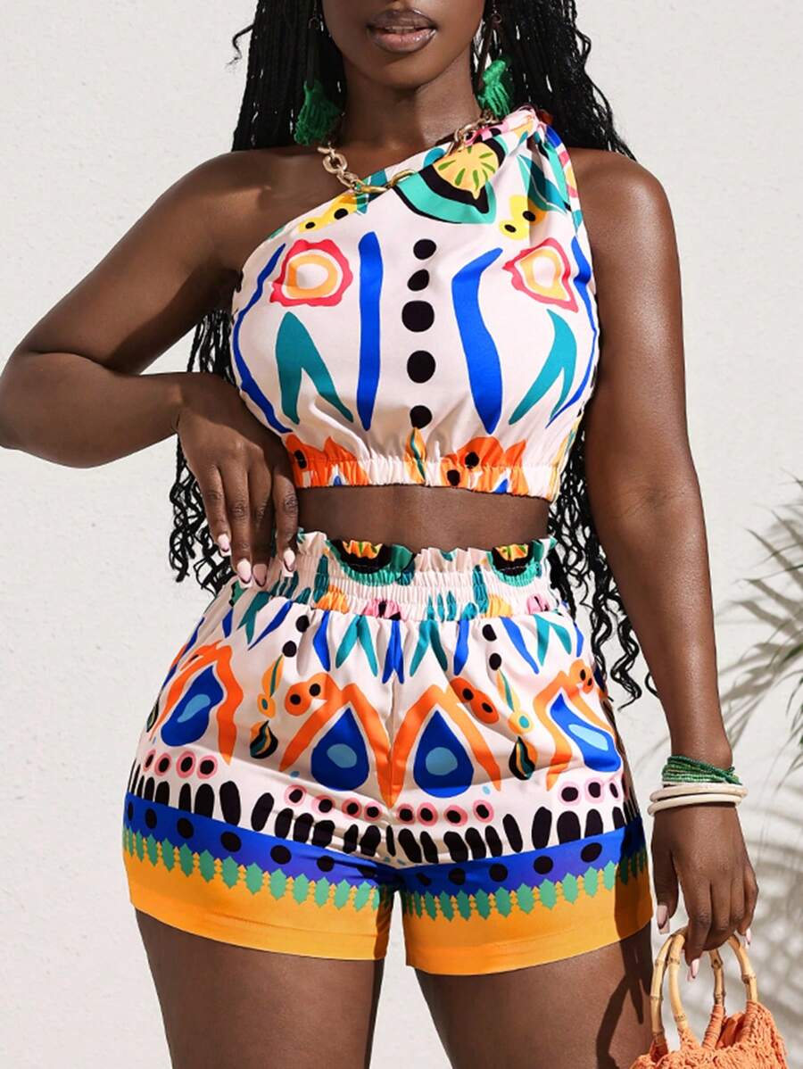 Slaydiva 2pcs Women Vacation Polka Dot Print Sleeveless Cropped Top And Shorts Set