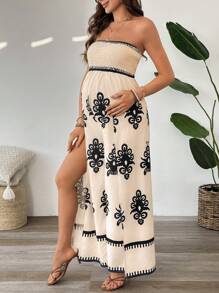 SHEIN 孕妇复古印花露肩开叉连体裤，休闲度假装 - 杏色 - 查看 4