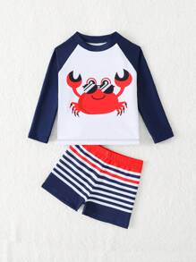 SHEIN 2pcs/Set Baby Boy Swimwear, Cute Cartoon Shark Print Colorblock Long Sleeve Knit Rash Guard And Swim Trunks, Swimsuit Set