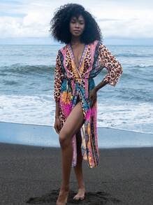 Swim Lushoire 春假新款夏季罩衫上衣，彩色印花长袖系带前海滩度假时尚罩衫和服女款