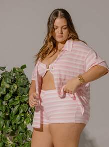 Aralina Plus Size Curve Striped Women Vacation Button Front Short Sleeve Collared Knit Shirt Cover Up