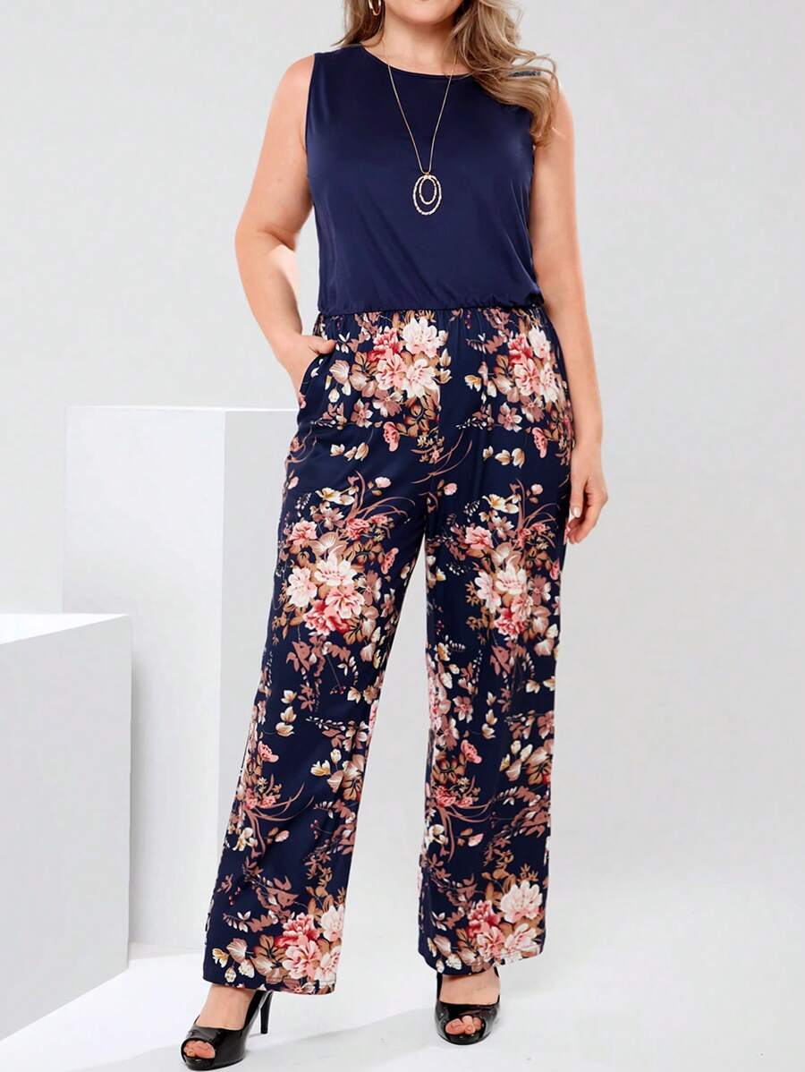 EMERY ROSE 大码女式花卉印花拼布圆领无袖连体裤，休闲度假装 - 彩色 - 查看 1