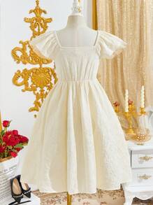 SHEIN Tween Girl Cute Floral Decor Square Neck Ruffle Sleeve Dress - Apricot - View 2