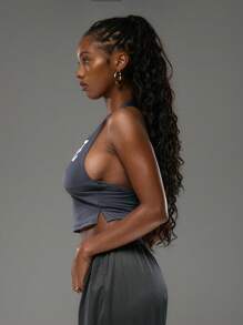 MUSERA Muse' Slogan Halter Neck Low Plunge Side Zip Sports Varsity Style Top Ibiza Fall