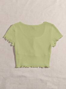 SHEIN EZwear Áo thun tay ngắn cổ chữ V dệt kim kiểu bánh quế viền xoăn Lettuce Trim Knot phía trước - Màu xanh chanh - Xem 2