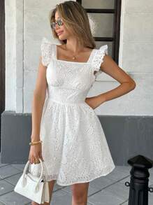 Pariaura 法式休闲度假纯色荷叶边镂空印花后背带女士迷你连衣裙