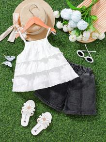 2 stuks/set meisjes casual geplooide bandjes cami & denim shorts set