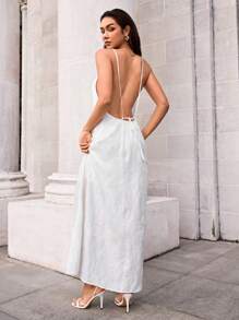 SHEIN Forever 21 Women's White Woven Fabric Maxi Dress: Sleeveless, Spaghetti Strap, Knot Detail, And Flared Hem For Effortless Summer Style - White - View 2