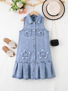 Tween 女童星星刺绣褶皱下摆牛仔连身裙